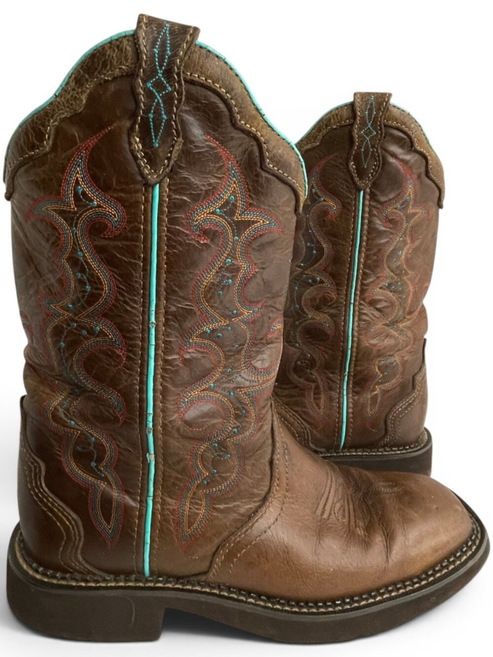 Justin Brown Turquoise Leather Western Cowgirl Boots Square Toe Women's 9 B